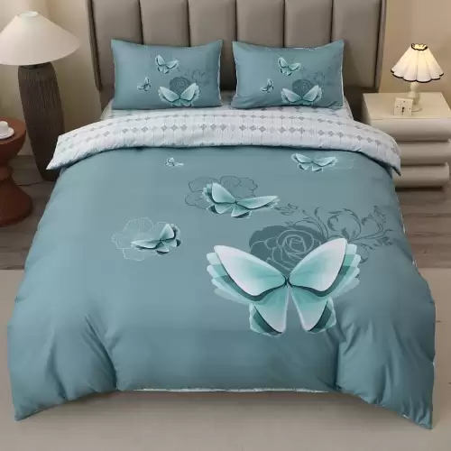 Lenjerie pat dublu, FINET, Imprimeu Digital 5D - Identic cu poza, Cu ELASTIC, 4 piese, Aqua, Fluturi