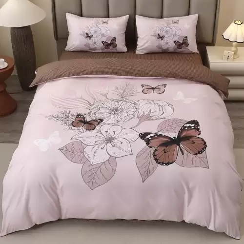 Lenjerie pat dublu, FINET, Imprimeu Digital 5D - Identic cu poza, Cu ELASTIC, 4 piese, Bej, Fluturi