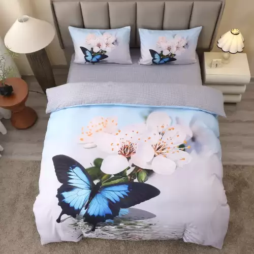 Lenjerie pat dublu, FINET, Imprimeu Digital 5D - Identic cu poza, Cu ELASTIC, 4 piese, Gri, Bleu, Fluturi