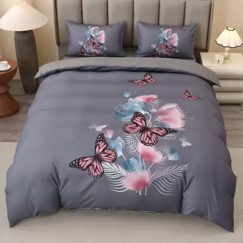Lenjerie pat dublu, FINET, Imprimeu Digital 5D - Identic cu poza, Cu ELASTIC, 4 piese, Gri, Fluturi