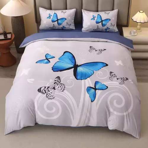 Lenjerie pat dublu, FINET, Imprimeu Digital 5D - Identic cu poza, Cu ELASTIC, 4 piese, Gri, Fluturi