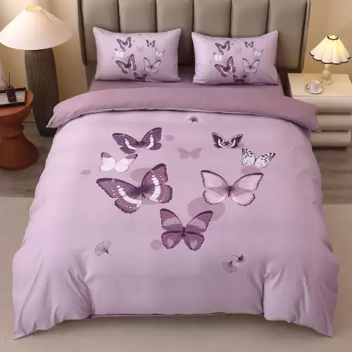 Lenjerie pat dublu, FINET, Imprimeu Digital 5D - Identic cu poza, Cu ELASTIC, 4 piese, Lila, Fluturi