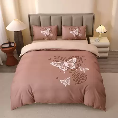 Lenjerie pat dublu, FINET, Imprimeu Digital 5D - Identic cu poza, Cu ELASTIC, 4 piese, Maro Deschis, Fluturi