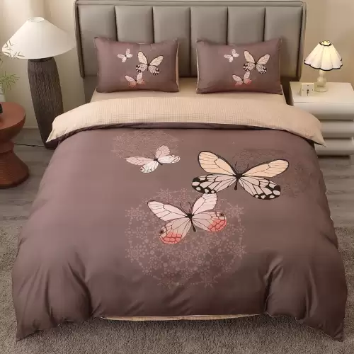 Lenjerie pat dublu, FINET, Imprimeu Digital 5D - Identic cu poza, Cu ELASTIC, 4 piese, Maro, Fluturi
