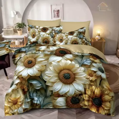 Lenjerie pat dublu, FINET, Imprimeu Digital 5D - Identic cu poza, Cu ELASTIC, 6 piese, Jojo Home, Bej, Flori