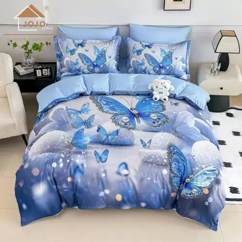 Lenjerie pat dublu, FINET, Imprimeu Digital 5D - Identic cu poza, Cu ELASTIC, 6 piese, Jojo Home, Bleu, Fluturi