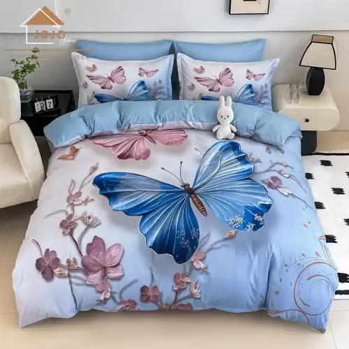 Lenjerie pat dublu, FINET, Imprimeu Digital 5D - Identic cu poza, Cu ELASTIC, 6 piese, Jojo Home, Bleu, Fluturi