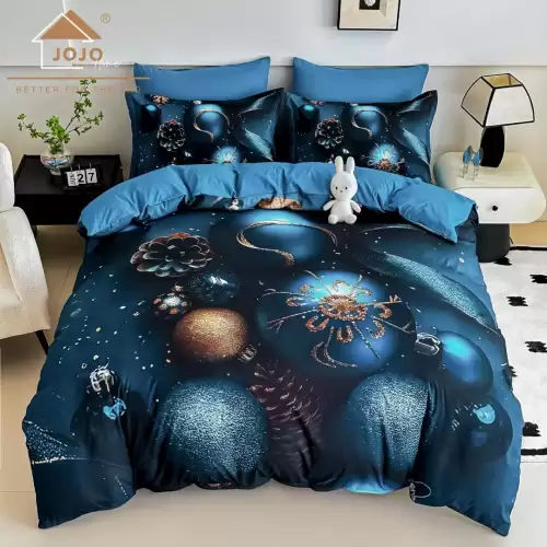 Lenjerie pat dublu, FINET, Imprimeu Digital 5D - Identic cu poza, Cu ELASTIC, 6 piese, Jojo Home, Bleumarin, Globulete