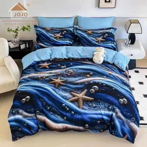 Lenjerie pat dublu, FINET, Imprimeu Digital 5D - Identic cu poza, Cu ELASTIC, 6 piese, Jojo Home, Bleumarin, Stelute de Mare, Perle