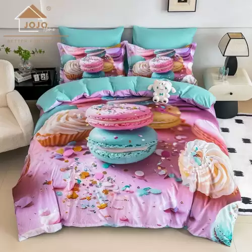 Lenjerie pat dublu, FINET, Imprimeu Digital 5D - Identic cu poza, Cu ELASTIC, 6 piese, Jojo Home, Roz, Bleu, Macarons