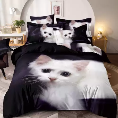 Lenjerie pat dublu,  FINET, Imprimeu Digital - Identic cu poza, 6 piese, Jojo Home, Bleumarin-Alb, pisicuta