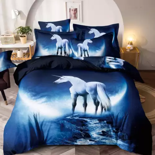 Lenjerie pat dublu, FINET, Imprimeu Digital - Identic cu poza, 6 piese, Jojo Home, Bleumarin-Alb, unicorn