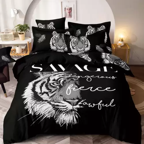 Lenjerie pat dublu,  FINET, Imprimeu Digital - Identic cu poza, 6 piese, Jojo Home, Negru-Gri, tigru