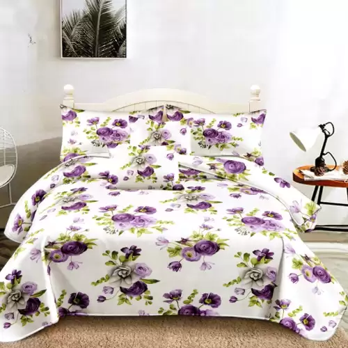 Lenjerie pat dublu, FINET Satinat, 6 piese, Alb, Mov, flori