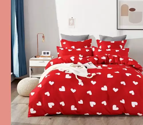 Lenjerie pat dublu, FINET Satinat, 6 piese, Rosu, Inimioare