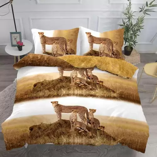 Lenjerie pat dublu,  IMPRIMEU 3D DIGITAL, IDENTIC CU POZA, Maro, leoparzi