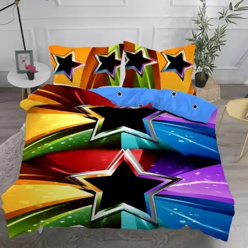 Lenjerie pat dublu,  IMPRIMEU 3D DIGITAL, IDENTIC CU POZA, Multicolor, stelute