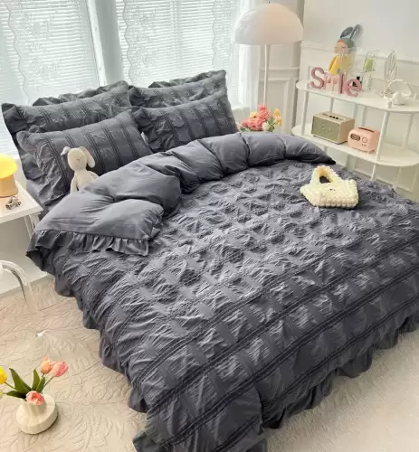 Lenjerie pat dublu, Soft Touch CREPONAT DELUXE, 6 piese, Jojo Home, Gri