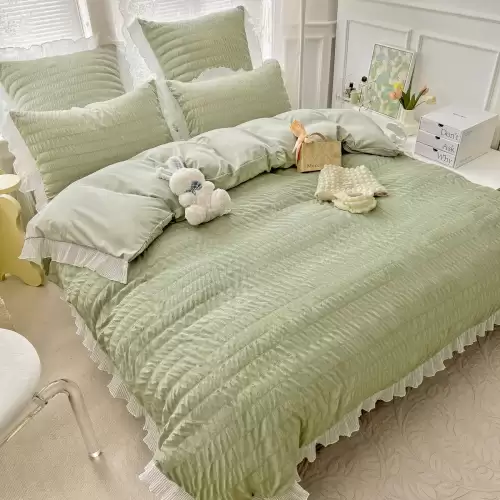 Lenjerie pat dublu,  Soft Touch CREPONAT DELUXE, 6 piese, Jojo Home, Verde