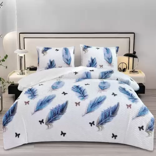 Lenjerie pat dublu, Super Pufoasa COCOLINO Creponata, 4 piese, Alb, Pene Albastre