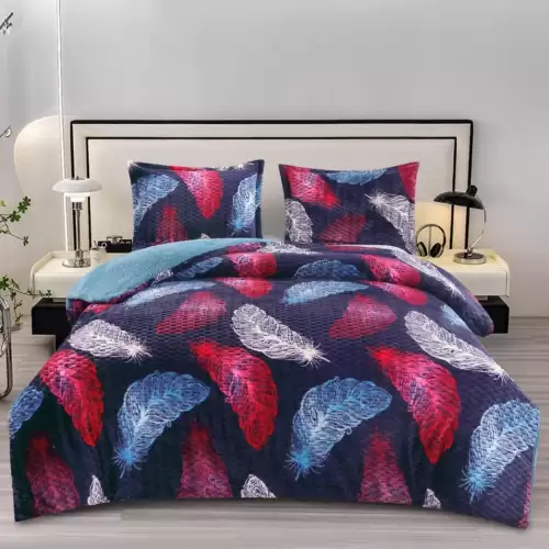 Lenjerie pat dublu, Super Pufoasa COCOLINO Creponata, 4 piese, Bleumarin, Pene Colorate