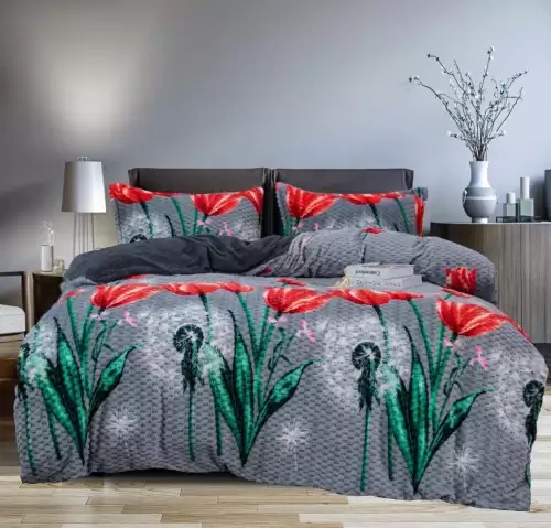 Lenjerie pat dublu, Super Pufoasa COCOLINO Creponata, 4 piese, Gri, Lalele