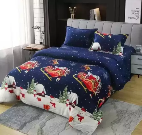 Lenjerie pat dublu, Super Pufoasa COCOLINO, cu ELASTIC, 4 piese, Albastru, Sania lui Mos Craciun