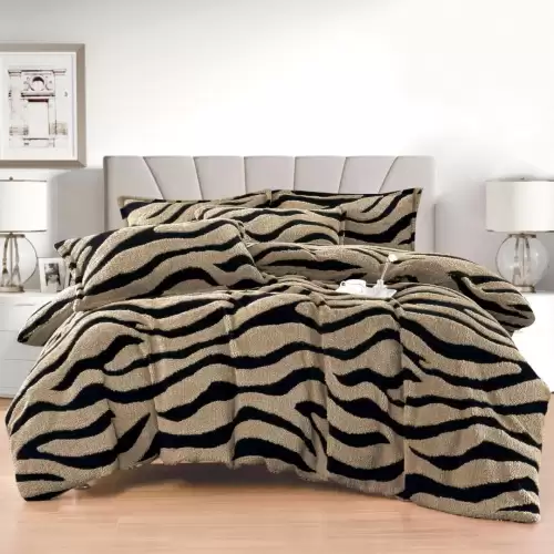 Lenjerie pat dublu, Super Pufoasa COCOLINO Sherpa, cu ELASTIC, 4 piese, Cappuccino, Zebra Print