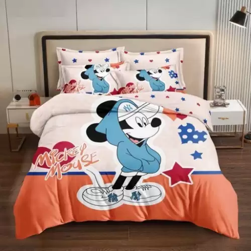 Lenjerie pat single (90x200cm, 100x200cm), FINET, 4 piese, IDENTICA CU POZA, Bej, Portocaliu, Mickey Mouse