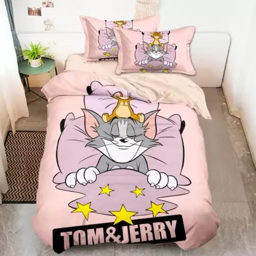 Lenjerie pat single (90x200cm, 100x200cm), FINET, 4 piese, IDENTICA CU POZA, Roz, Tom si Jerry
