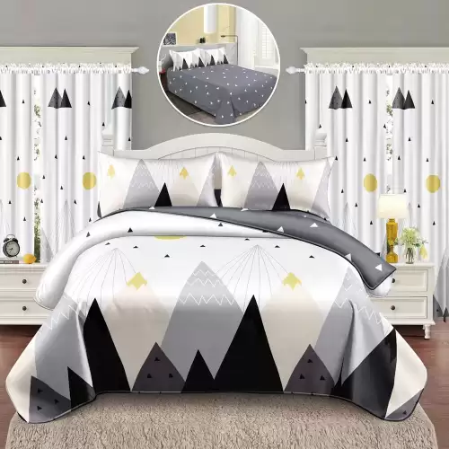 Lenjerie Pat Single, FINET, 6 piese, cu 2 DRAPERII INCLUSE, Alb, Gri, munti