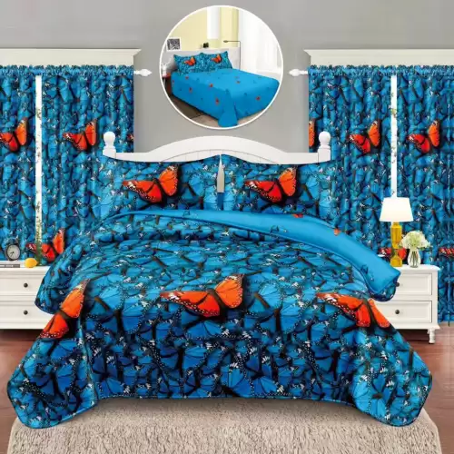 Lenjerie Pat Single, FINET, 6 piese, cu 2 DRAPERII INCLUSE, Albastru, Fluturi