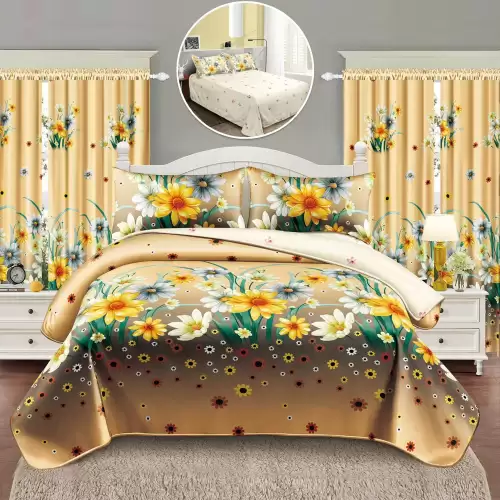 Lenjerie Pat Single, FINET, 6 piese, cu 2 DRAPERII INCLUSE, Bej, Maro, flori