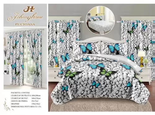 Lenjerie Pat Single, FINET, 6 piese, cu 2 DRAPERII INCLUSE - Fluturi  Pietre