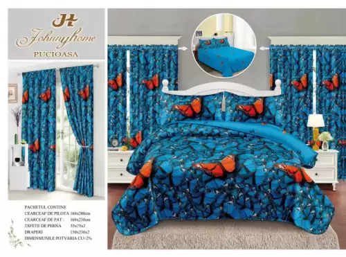 Lenjerie Pat Single, FINET, 6 piese, cu 2 DRAPERII INCLUSE - Fluturi Rosii Turcoaz