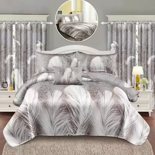 Lenjerie Pat Single, FINET, 6 piese, cu 2 DRAPERII INCLUSE, Gri, Pene