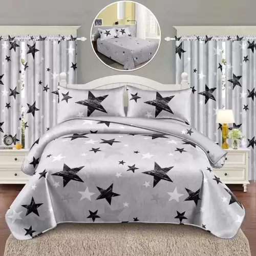 Lenjerie Pat Single, FINET, 6 piese, cu 2 DRAPERII INCLUSE, Gri, stelute