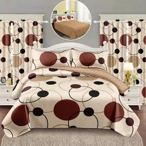 Lenjerie Pat Single, FINET, 6 piese, cu 2 DRAPERII INCLUSE, Maro, buline