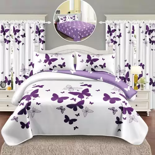 Lenjerie Pat Single, FINET, 6 piese, cu 2 DRAPERII INCLUSE, Mov, fluturi