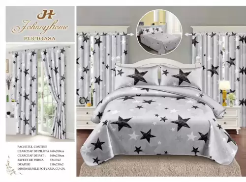 Lenjerie Pat Single, FINET, 6 piese, cu 2 DRAPERII INCLUSE - Stelute Gri