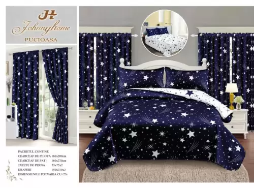 Lenjerie Pat Single, FINET, 6 piese, cu 2 DRAPERII INCLUSE - Stelute