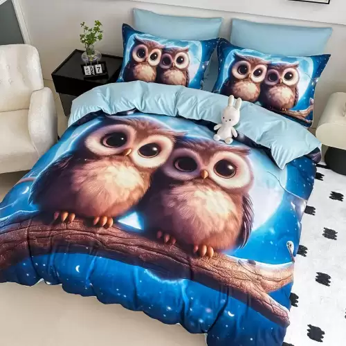 Lenjerie pat single, FINET, Imprimeu Digital - Identic cu poza, 4 piese, cu ELASTIC, Jojo Home, Albastru, Bufnite