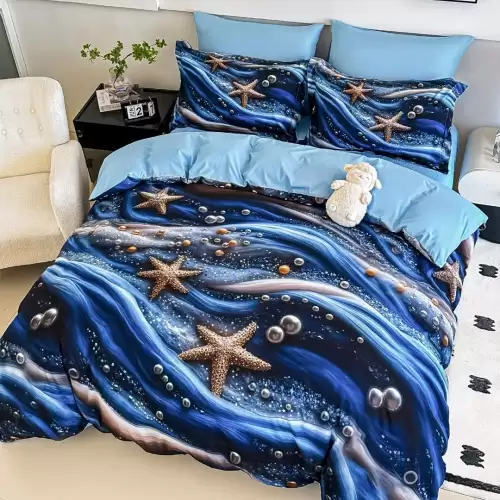 Lenjerie pat single, FINET, Imprimeu Digital - Identic cu poza, 4 piese, cu ELASTIC, Jojo Home, Albastru, Stelute de Mare, Perle