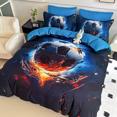 Lenjerie pat single, FINET, Imprimeu Digital - Identic cu poza, 4 piese, cu ELASTIC, Jojo Home, Bleu, Bleumarin, Minge de Fotbal
