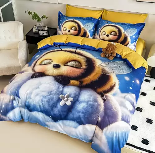 Lenjerie pat single,  FINET, Imprimeu Digital - Identic cu poza, 4 piese, cu ELASTIC, Jojo Home, Bleu, Galben, Albinuta