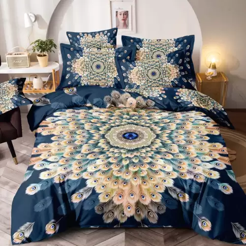 Lenjerie pat single, FINET, Imprimeu Digital - Identic cu poza, 4 piese, cu ELASTIC, Jojo Home, Bleumarin-Multicolor, pene de paun