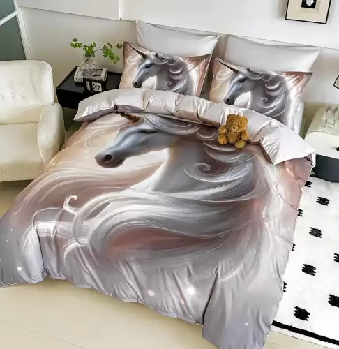 Lenjerie pat single,  FINET, Imprimeu Digital - Identic cu poza, 4 piese, cu ELASTIC, Jojo Home, Gri, Alb, Unicorn