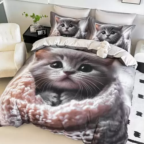 Lenjerie pat single,  FINET, Imprimeu Digital - Identic cu poza, 4 piese, cu ELASTIC, Jojo Home, Gri, Bej, Pisicuta