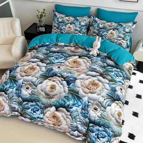 Lenjerie pat single, FINET, Imprimeu Digital - Identic cu poza, 4 piese, cu ELASTIC, Jojo Home, Turquoise, Alb, Flori