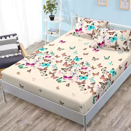 (OFERTA 3 la 159 Lei) Cearsaf cu elastic, FINET, 180x200cm, 2 fete de perne 50x70cm, Bej, fluturi